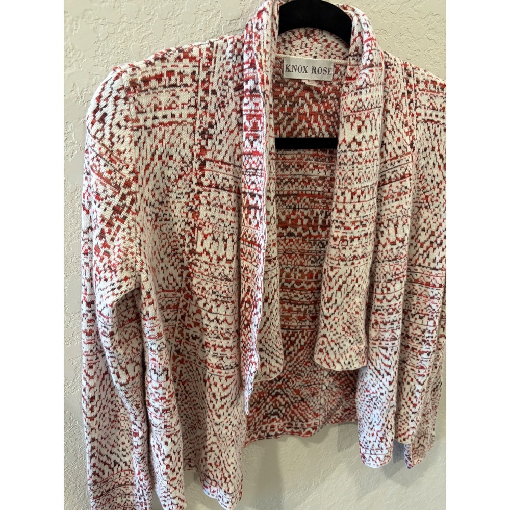 Knox Rose Womens Small Red White Intarsia Open Front Shawl Collar Cardigan - Picture 3 of 7